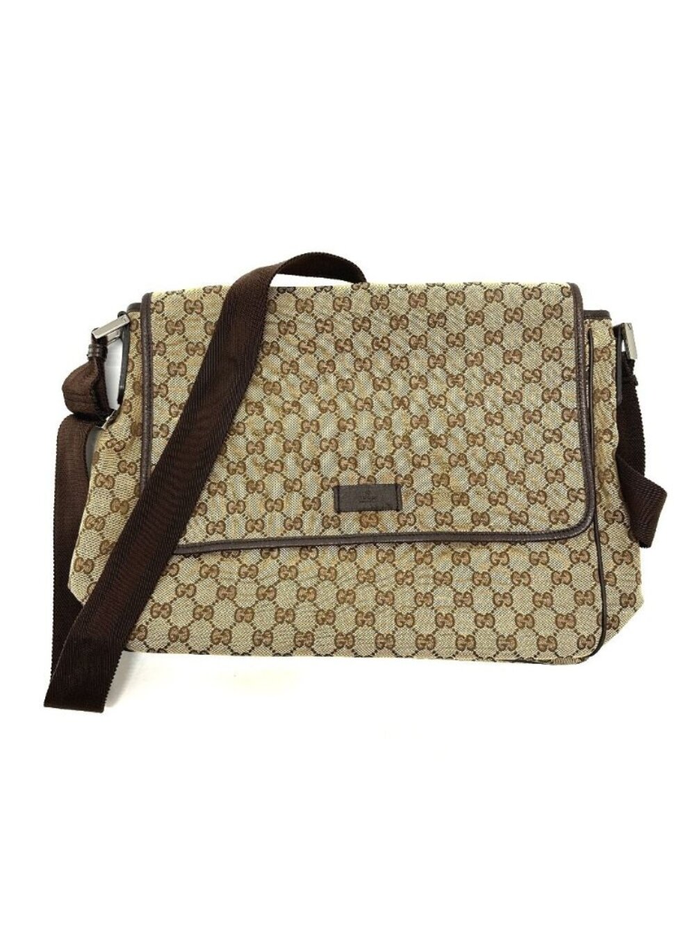 Gucci Shoulder Bag Logo Leather Plate GG Canvas Beige
